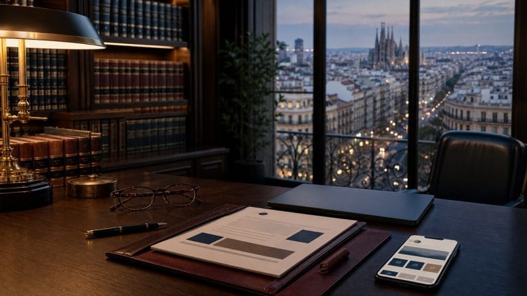 Despacho profesional en Barcelona con libros legales, portátil y smartphone con web abogados