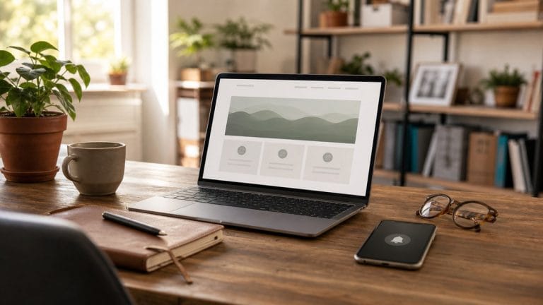 Escritorio de autónomo con portátil, libreta y smartphone — entorno de trabajo profesional