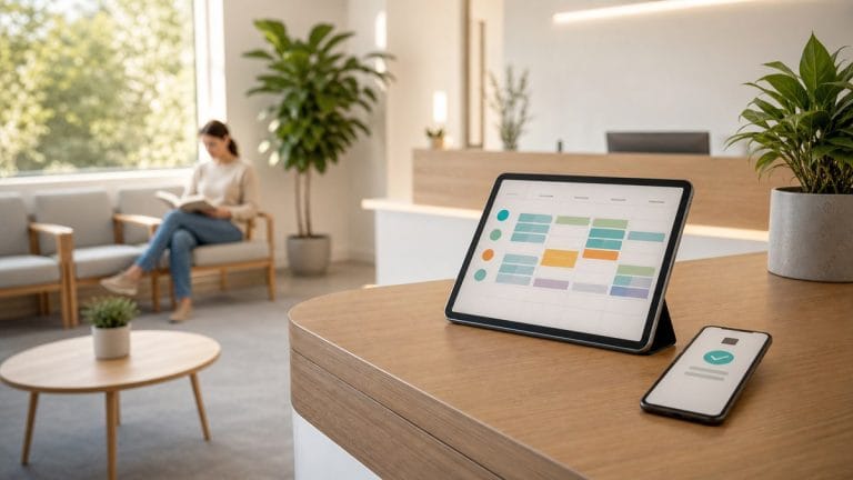 Recepción de clínica moderna con tablet de agenda digital y smartphone con confirmación de cita