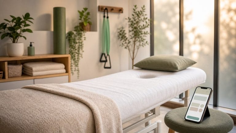 Sala de fisioterapia con camilla, smartphone con interfaz de reserva y material profesional