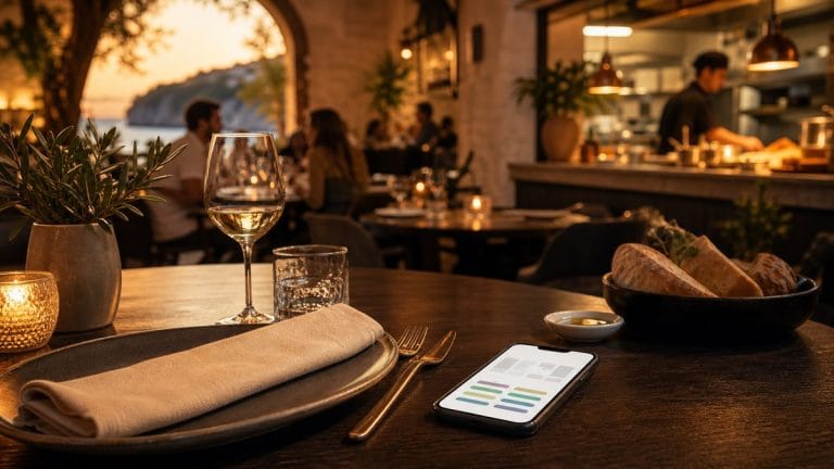 Mesa de restaurante elegante con smartphone mostrando interfaz de reservas online