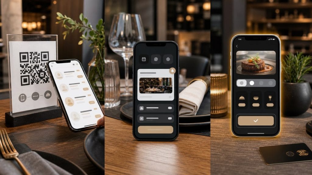 Mesa de restaurante con tres opciones digitales: carta QR, plataforma de reservas y app propia